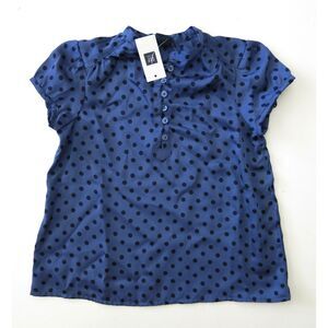 NEW Gap kids girls dress shirt XS 4 5 blue satin black polka dot top blouse s/s